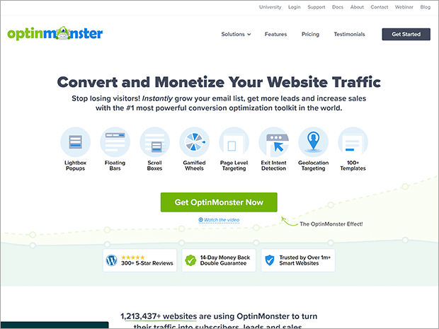 OptinMonster homepage. It says "Convert and Monetize Your Website Traffic."