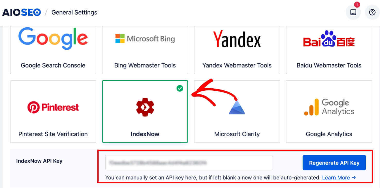 In the AISOSEO settings, IndexNow is selected. Below, there's the IndexNow API Key, which you can choose to manually set or auto-regenerate.
