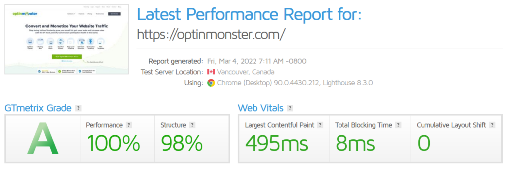 OptinMonster GTMetrix pagespeed report.