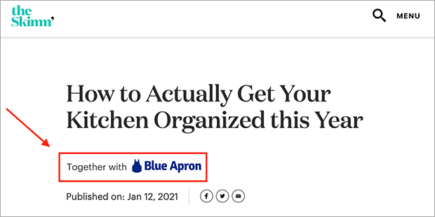 Monetized newsletter from The Skimm. Just under the heading, it says "Together with" and has the Blue Apron logo.