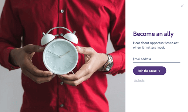 Website popup that says "Become an ally. Hear about opportunities to act when it matters most." Then there's an email entry field and a button that says "Join the cause."