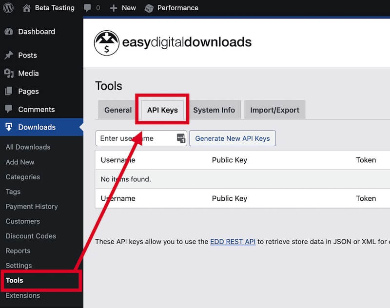 Generate API Keys in Easy Digital Downloads.