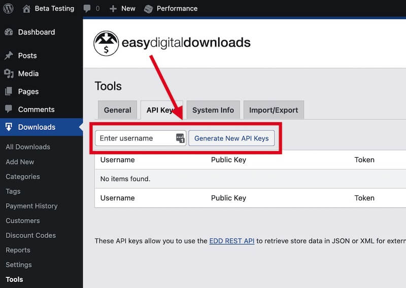 Create a new API Key for Easy Digital Downloads.