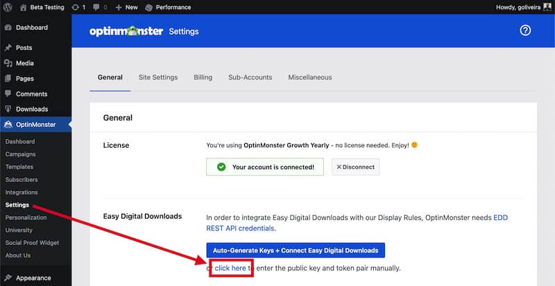 Manually connect OptinMonster with Easy Digital Downloads.