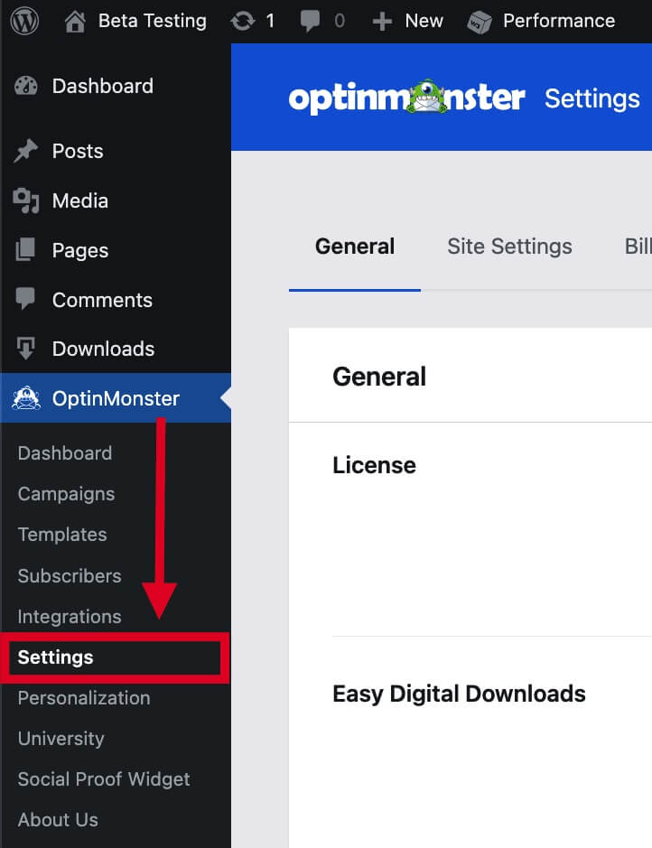 OptinMonster plugin settings screen in WordPress.