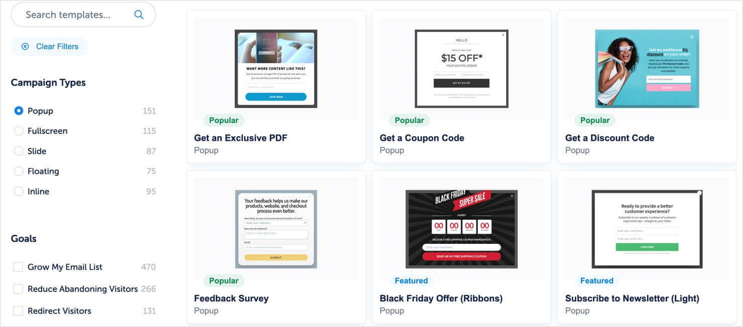 Screenshot of OptinMonster's template library. You can search for templates, filter by campaign type (such as popups, fullscreen, floating, etc), filter by goal, and more.