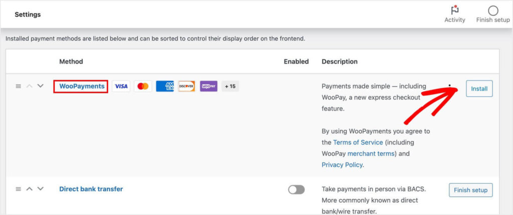 WooPayments shown in the payment method list. An Install button is available to the right.