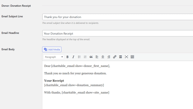 Example of thank you email in WP Charitable
