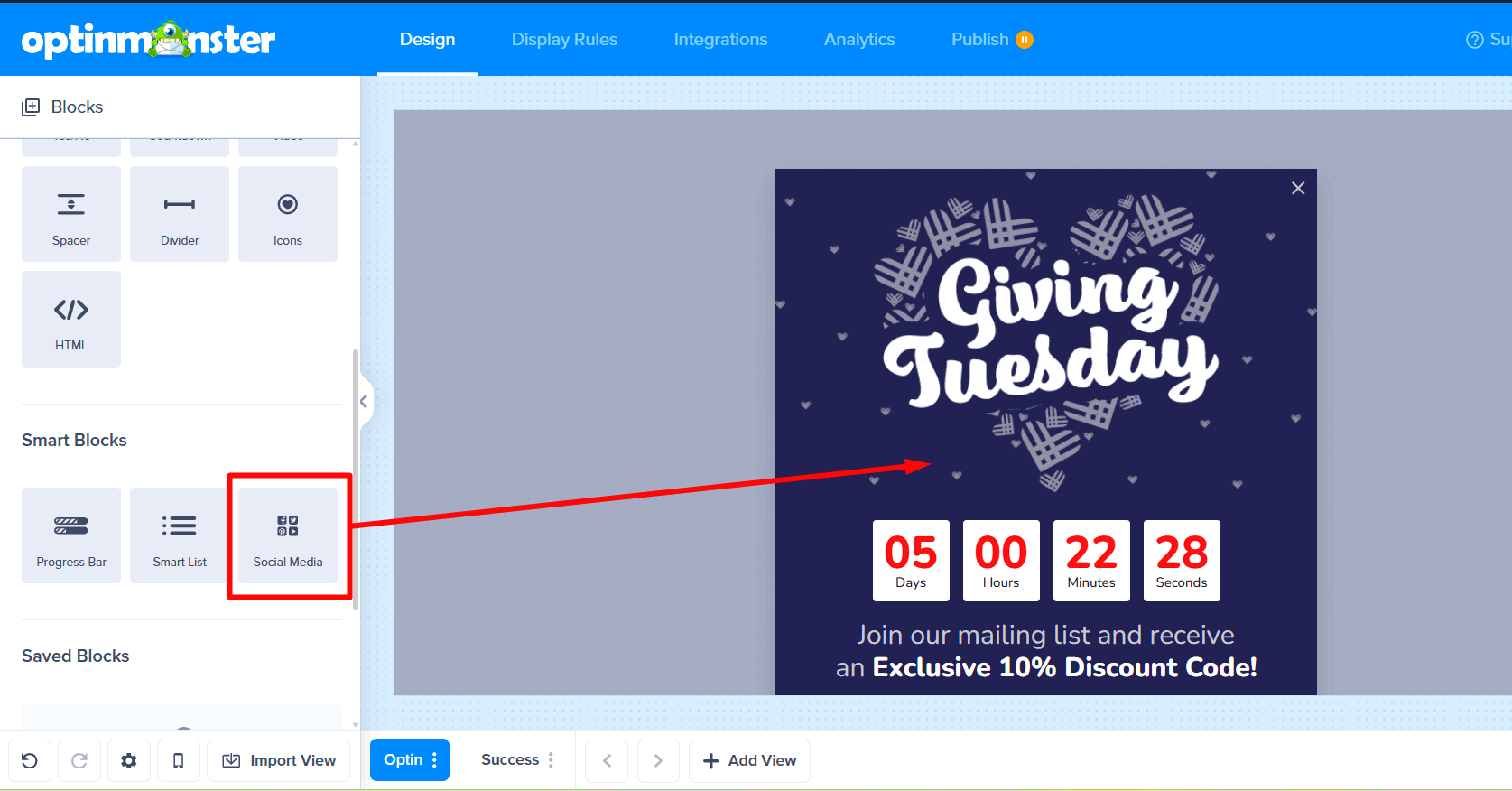 Dragging the Social Media block into the campaign design.