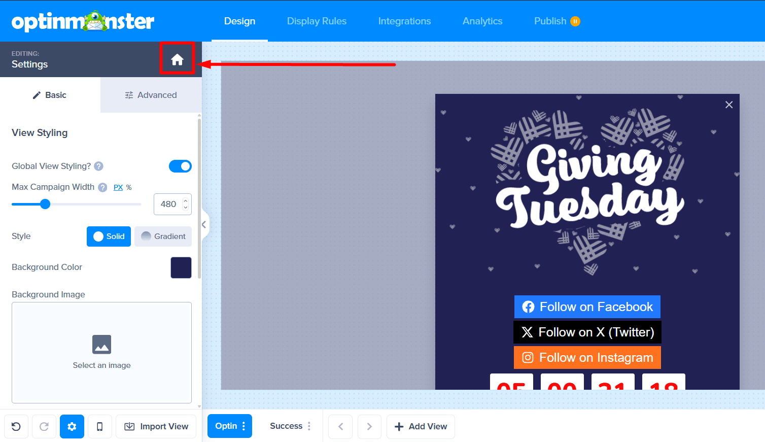 Home icon highlighted in the campaign builder sidebar.