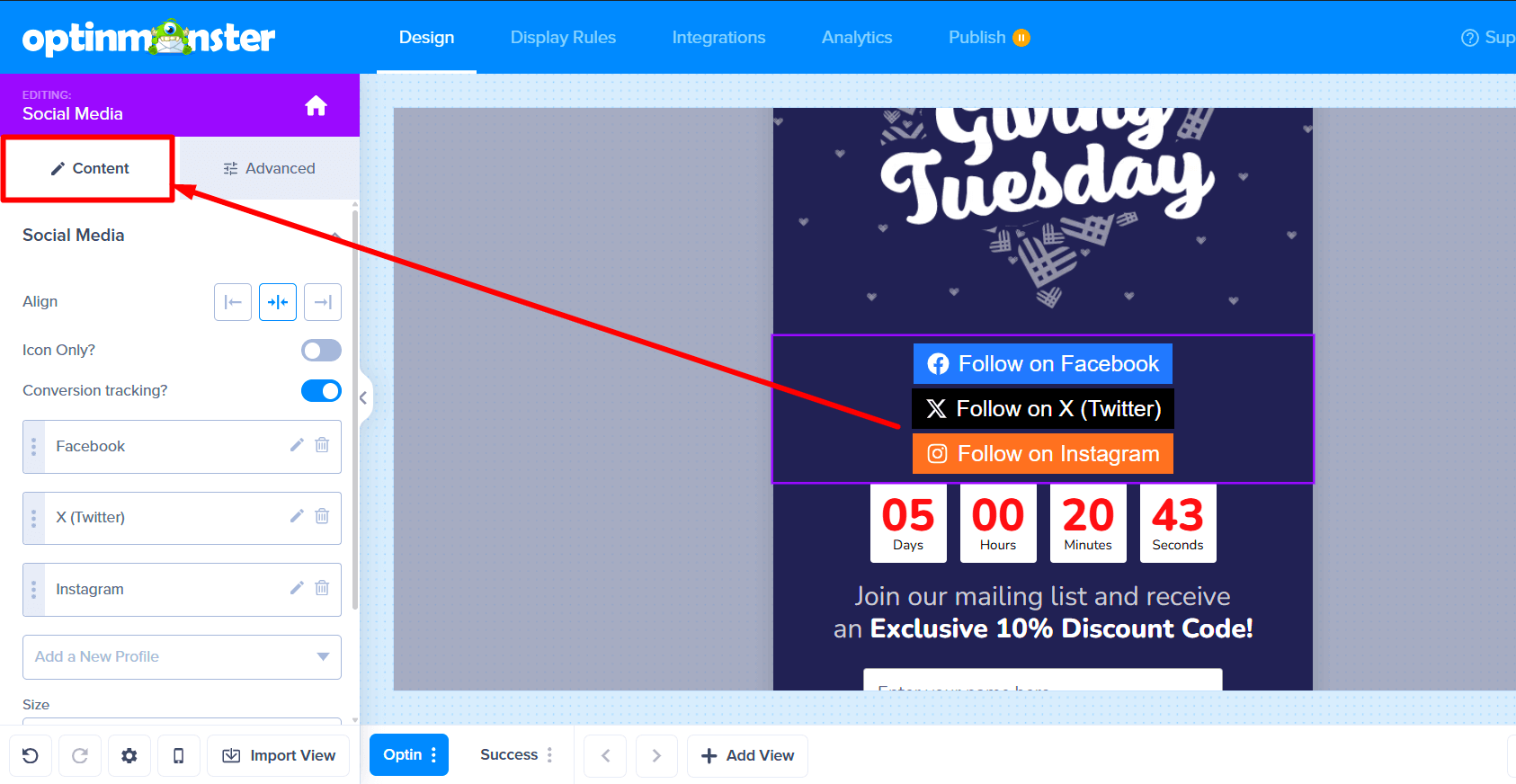 Social Media block settings in the sidebar panel.