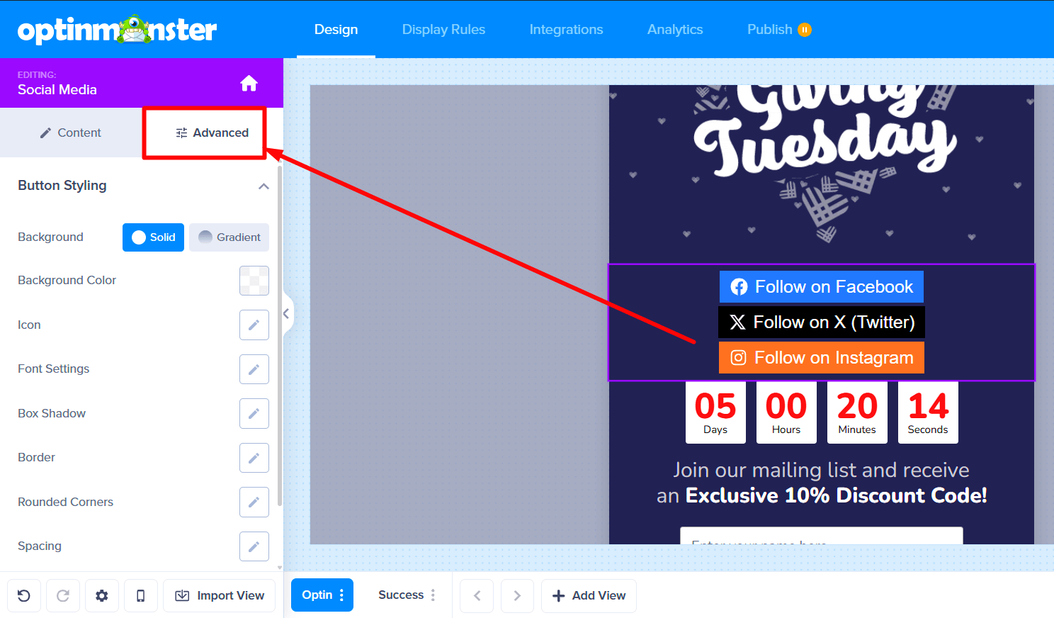Advanced tab selected for Social Media element settings.