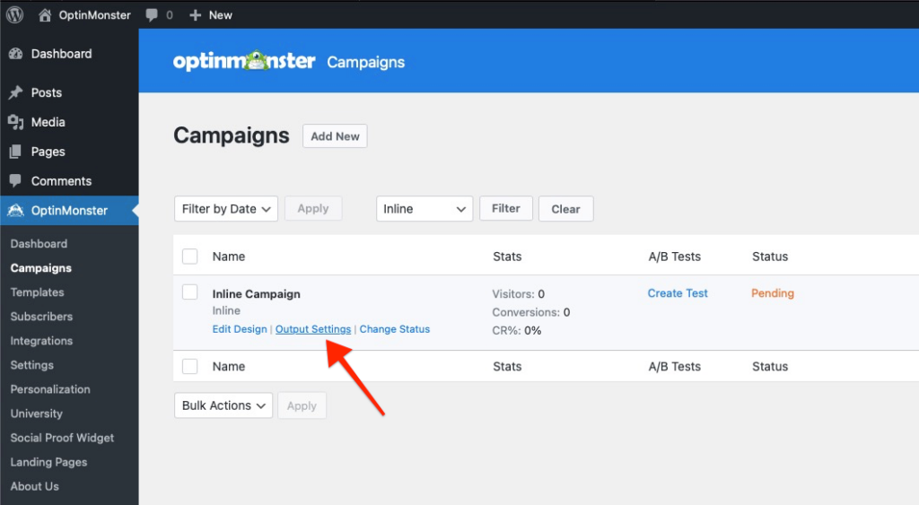 optinmonster plugin inline campaign outupt settings