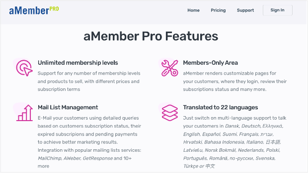 Screenshot of aMember Pro features page. Features listed: Unlimited membership levels, Members-only area, Mail list management, Translated to 22 languages