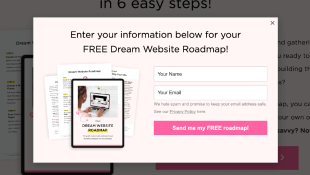 Bluchic's lightbox popup that says "Enter your information below for your FREE Dream Website Roadmap!." Then there is an email signup form and button.