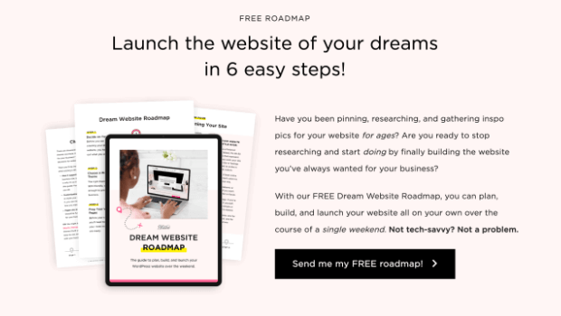 Optin landing page that says "Free Roadmap: Launch the website of our dreams in 6 easy steps!" Then there is descriptive text and a CTA button that says "Send me my FREE roadmap!"