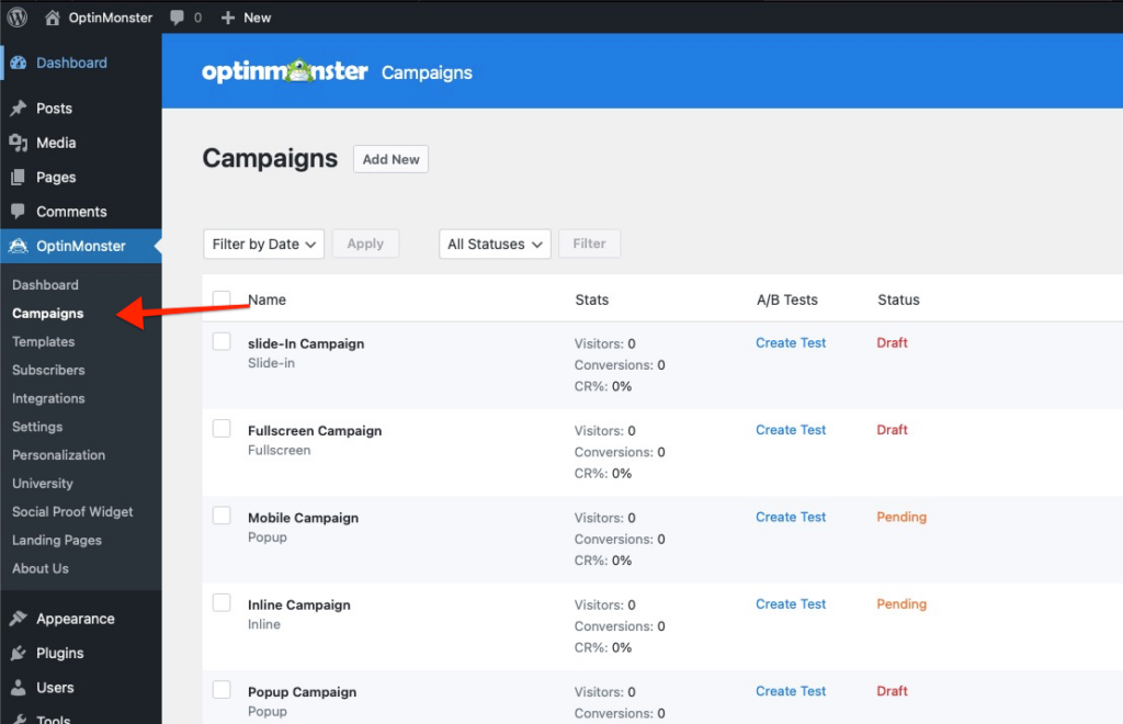 optinmonster plugin campaign screen