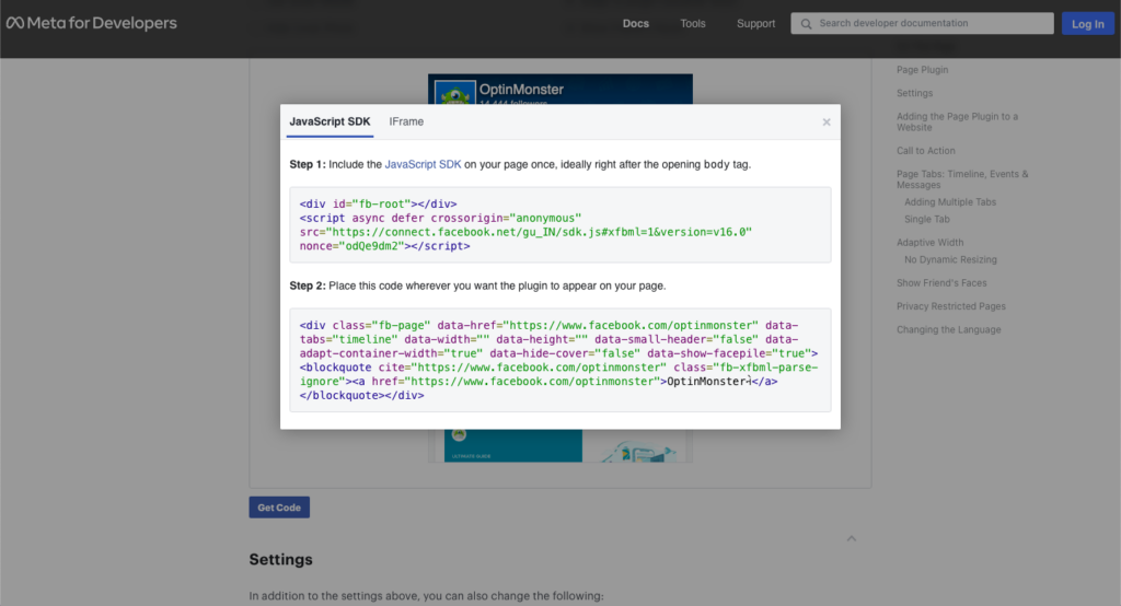 Facebook page embed code copy