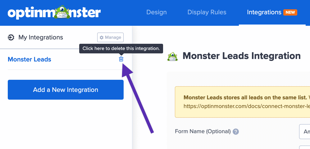 Delete all existing Integrations from the campaign builder in OptinMonster.