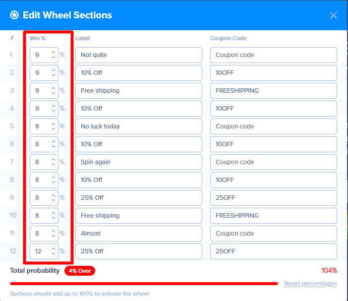 Win Column - OptinMonster The Win % column highlighted in the Edit Wheel Sections screen.
