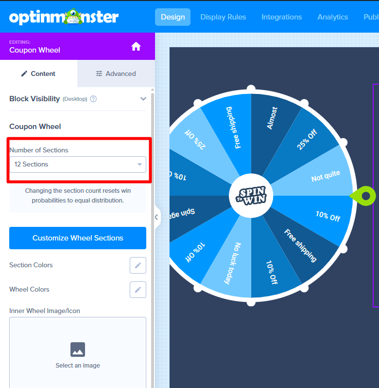 The Number of Sections dropdown in the Coupon Wheel block settings. - OptinMonster