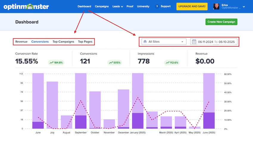 Account Dashboard gives an overview of all campaign performance for specific sites or account-wide.