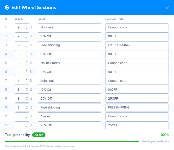 edit-wheel-sections - OptinMonster The Edit Wheel Sections screen with Win %, Label, and Coupon Code columns.