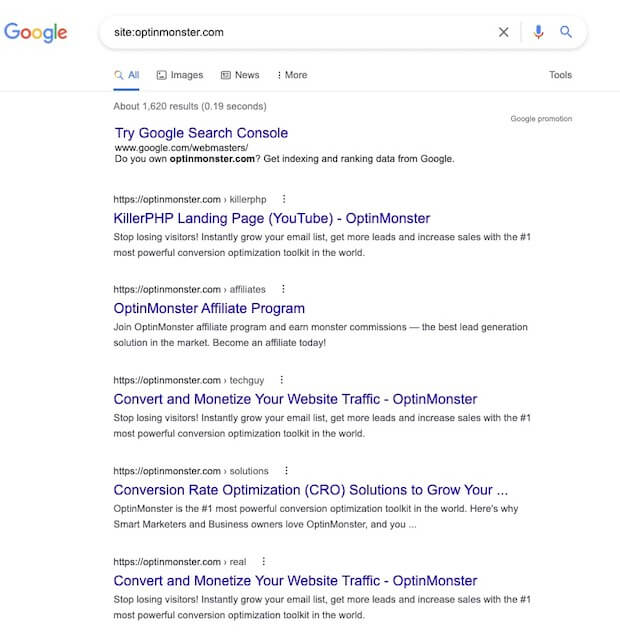 OptinMonster Site Operator Google Results