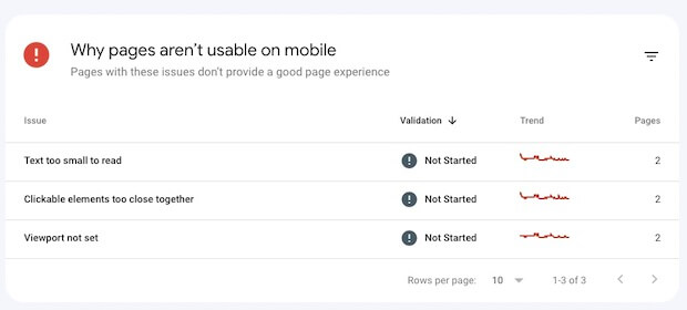 Google Search Console Report on Why Pages Aren't Usable on Mobile