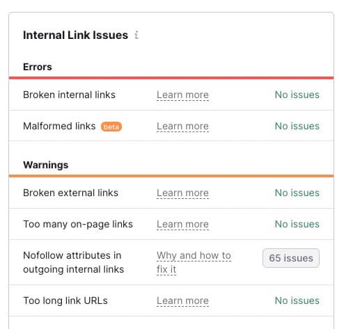 SEMRush Internal Link Issues - Errors and Warnings