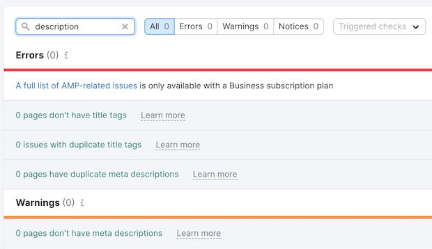 Issues Search in SEMRush | Meta Description Issues