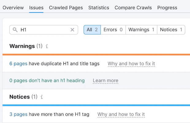 Issues Search in SEMRush | H1 Issues