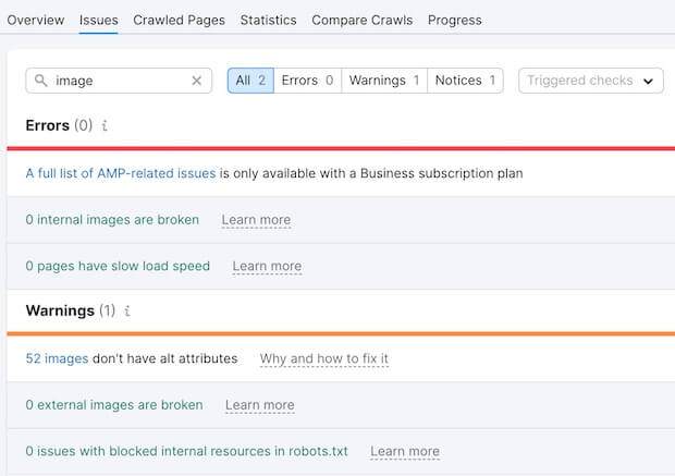 Issues Search in SEMRush | Image Related Issues
