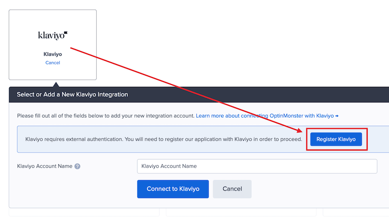 Register Klaviyo with OptinMonster using oAuth.