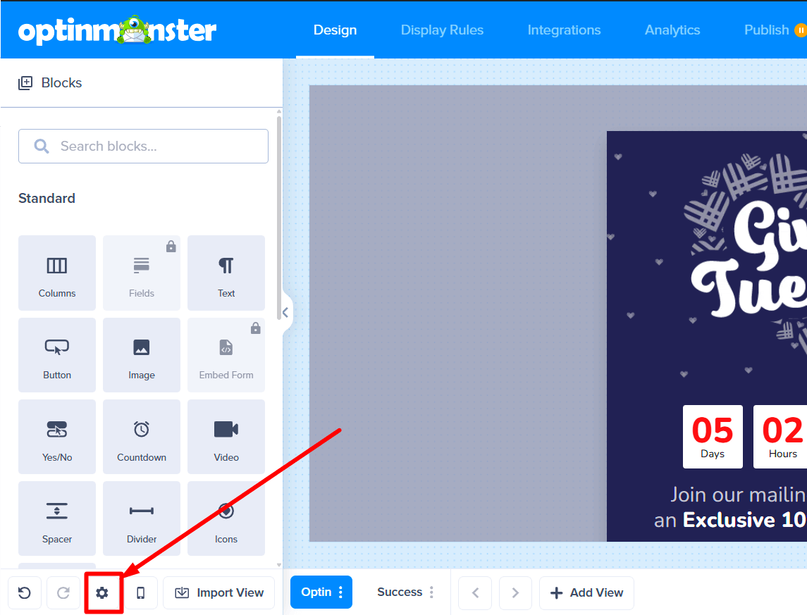 Settings gear icon in the campaign builder's Design view.