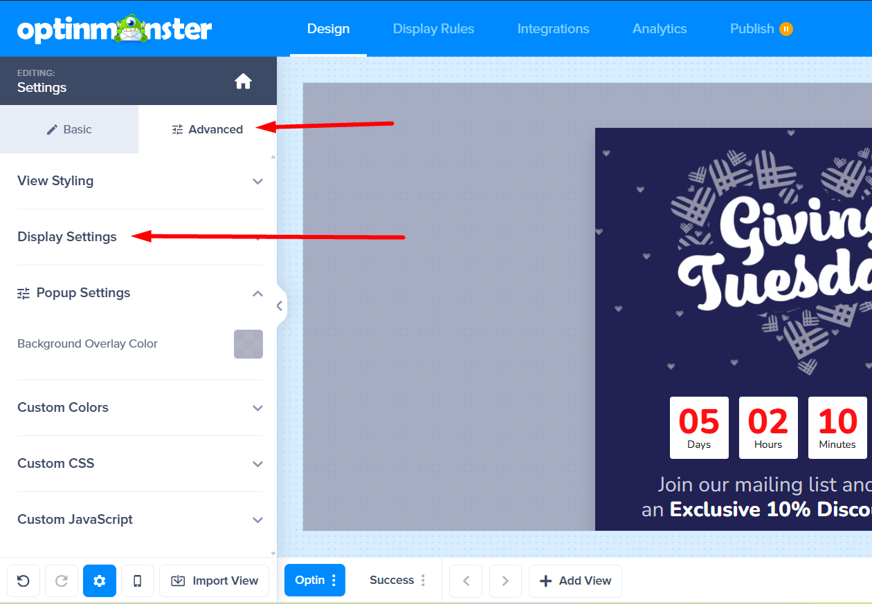 Advanced tab with Display Settings expanded in OptinMonster.