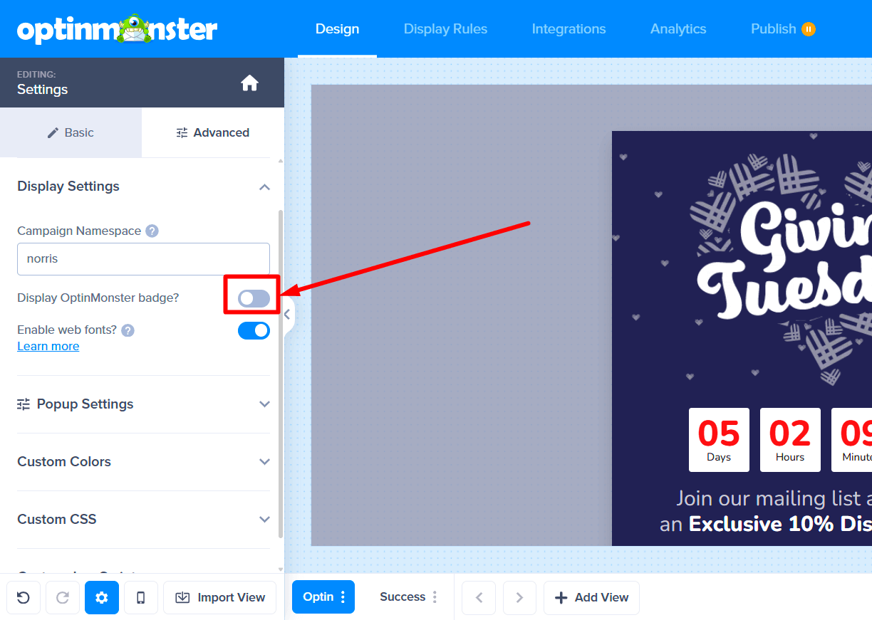 Toggle to disable Display OptinMonster badge.
