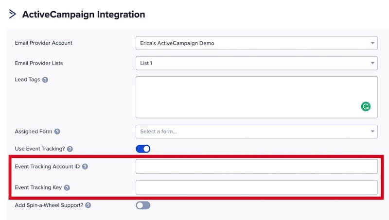 Configure Event Tracking for ActiveCampaign in OptinMonster.