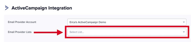 Select the ActiveCampaign List to add leads to.