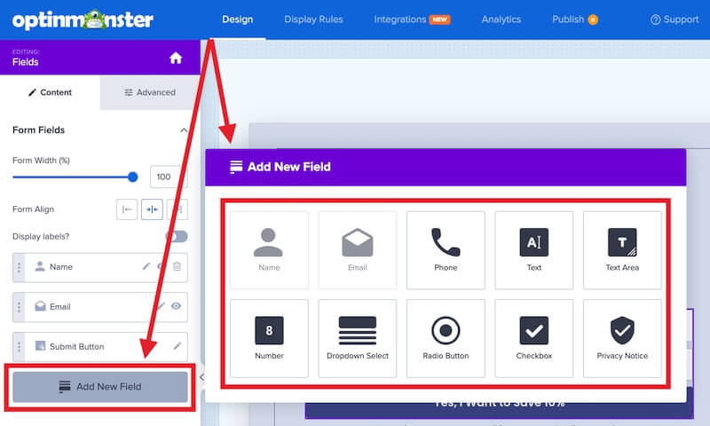 Add a new field to your OptinMonster optin form.