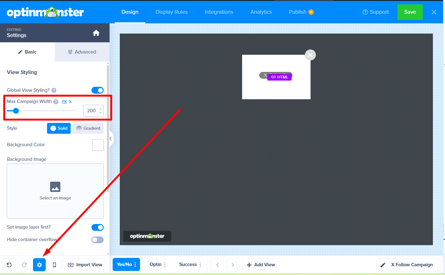 Adjusting the campaign width in the popup settings panel.