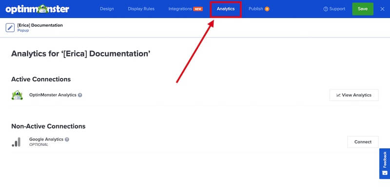 Analytics view of the OptinMonster campaign builder.