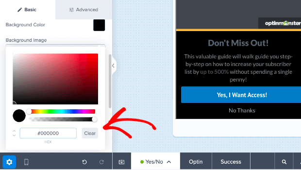 Screenshot showing how to change background color in an OptinMonster hello bar.