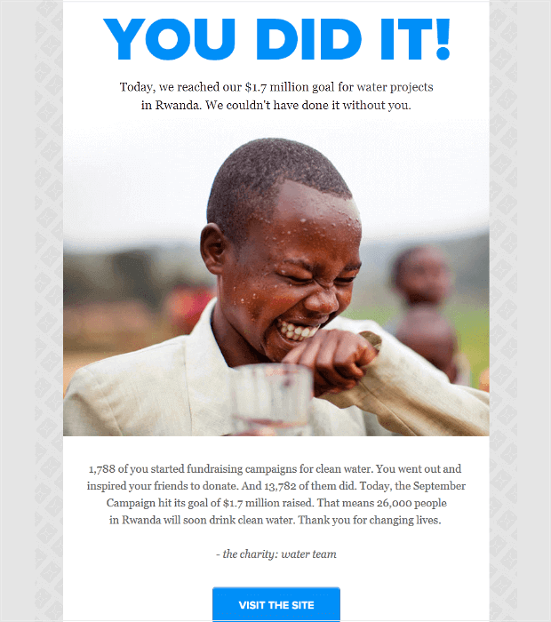 Email campaign from Charity Water that features a large image a young boy laughing with a glass of water. Large heading text says "YOU DID IT!" Followed by "Today, we reached our  alt=