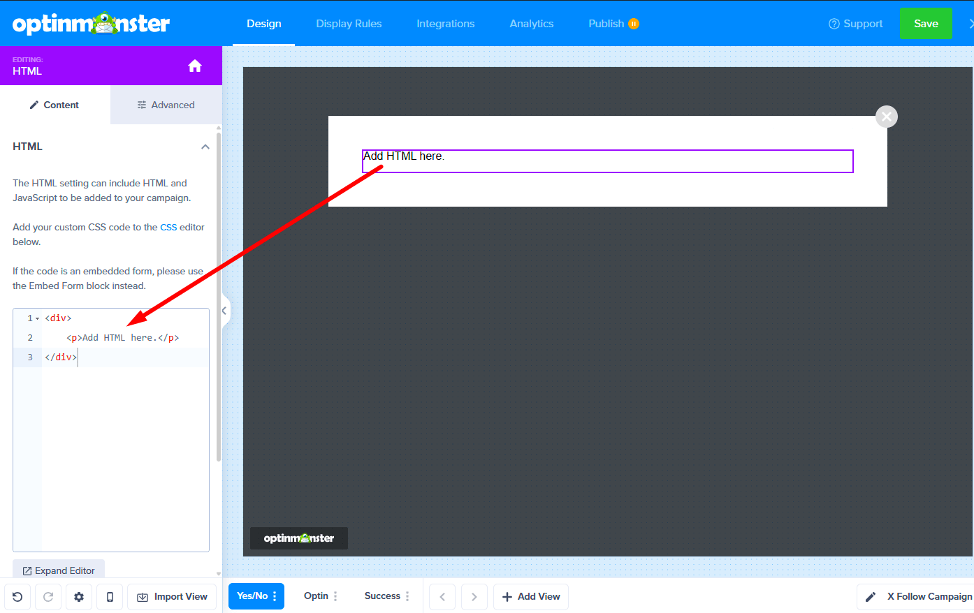 Clicking on the HTML block in the campaign builder to open its settings.