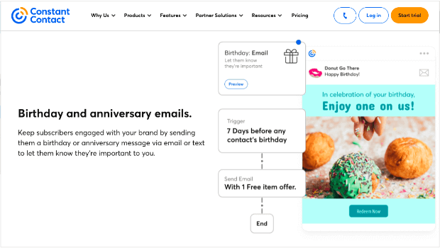 Constant Contact page that shows that you can create an automation workflow to send email offers for subcribers' birthdays and anniversaries.