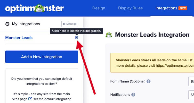 Remove an integration from the OptinMonster campaign.