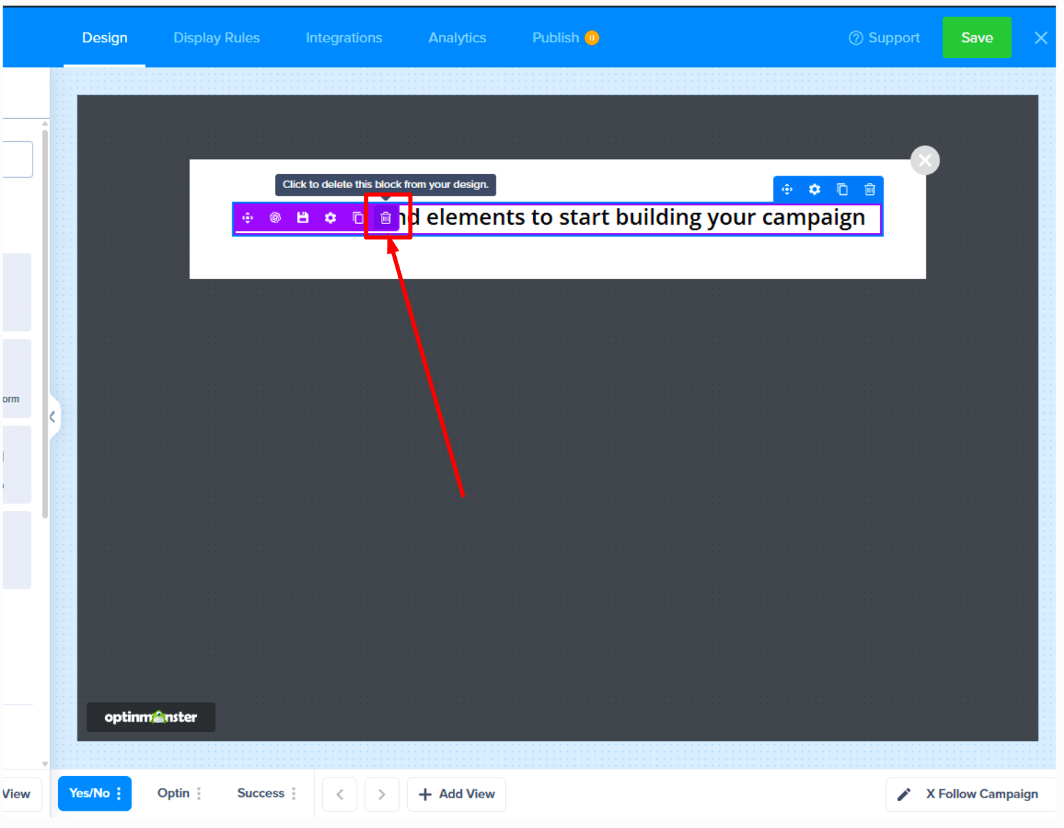 Hovering over the text block reveals a trash can icon for deletion.