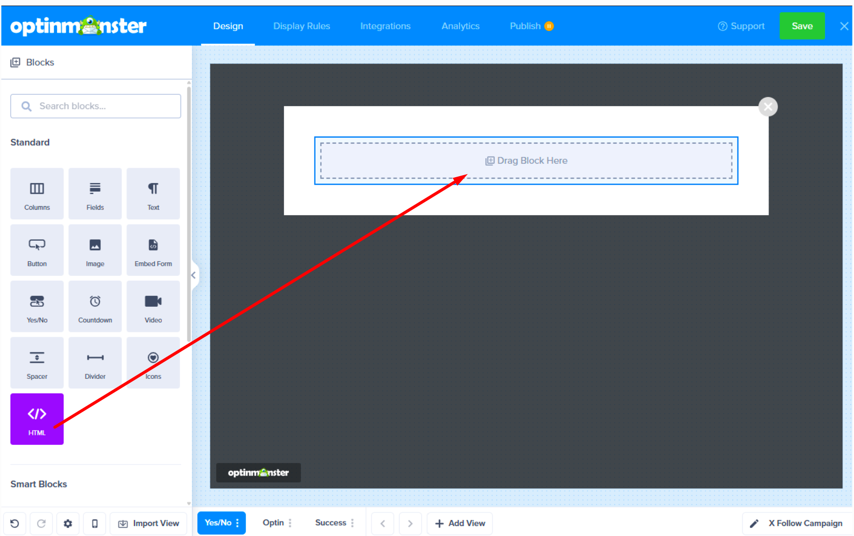 Dragging an HTML block from the sidebar into the campaign builder.