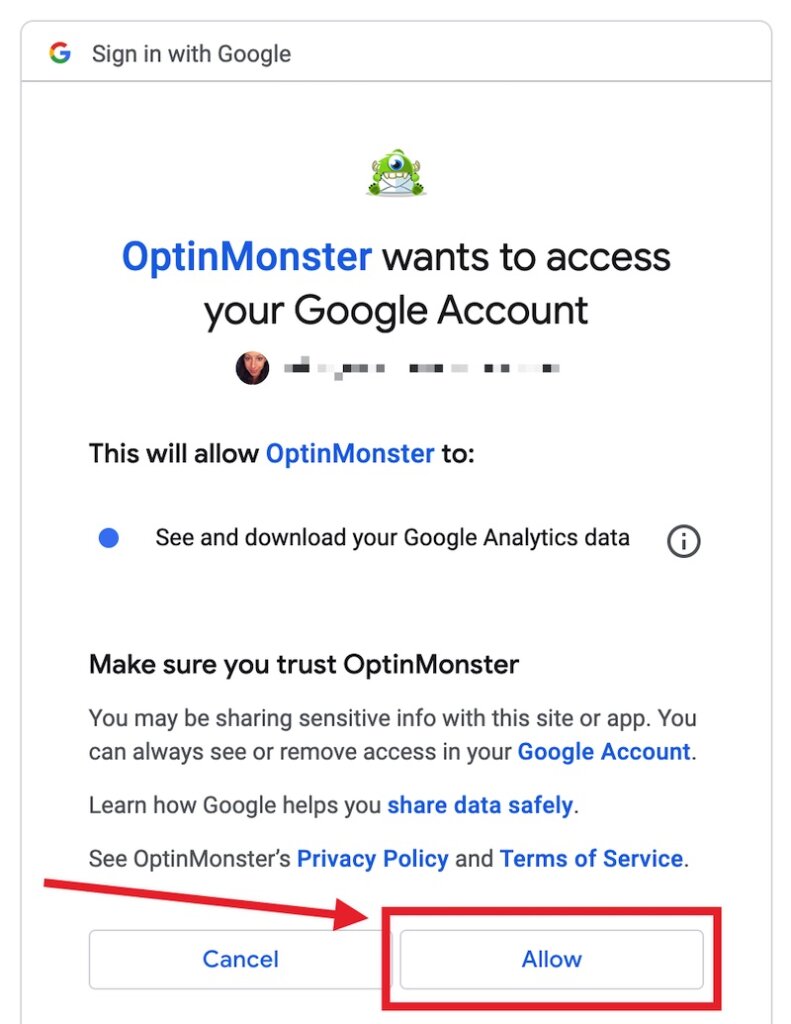 Grant permission for Google Analytics to connect with OptinMonster.